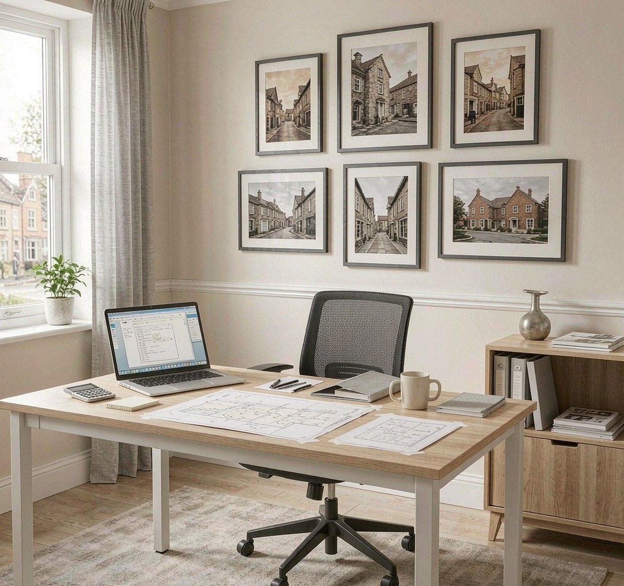 Inside the Sakari office: plans and laptop on the desk