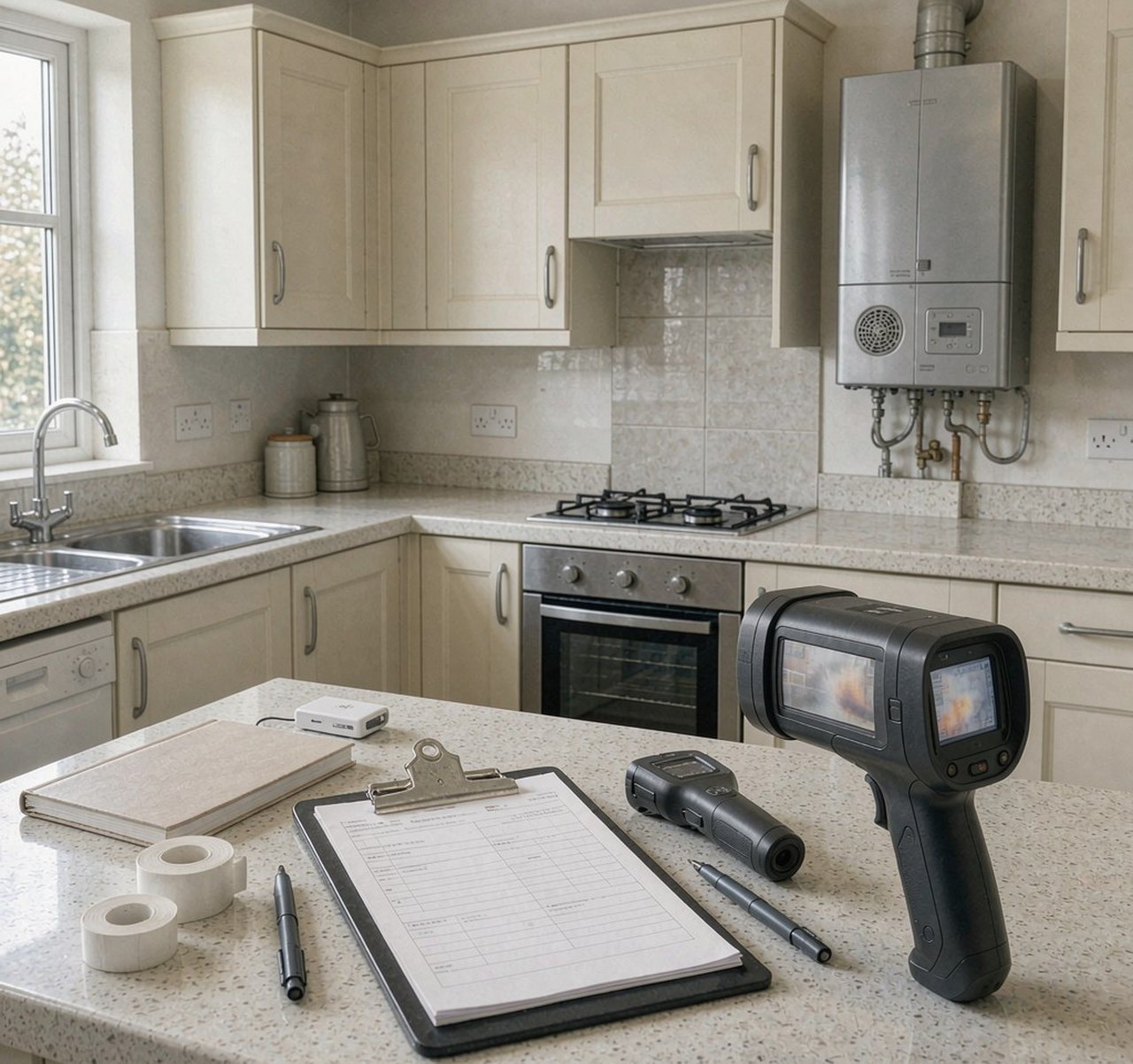Inspection clipboard and thermal camera beside a boiler in a rental kitchen