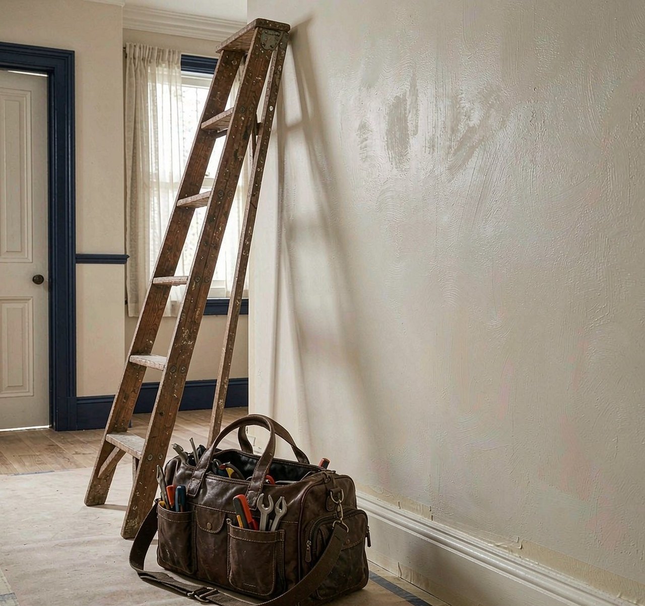 Repair scene in a rental property: toolbag and ladder by a fresh wall