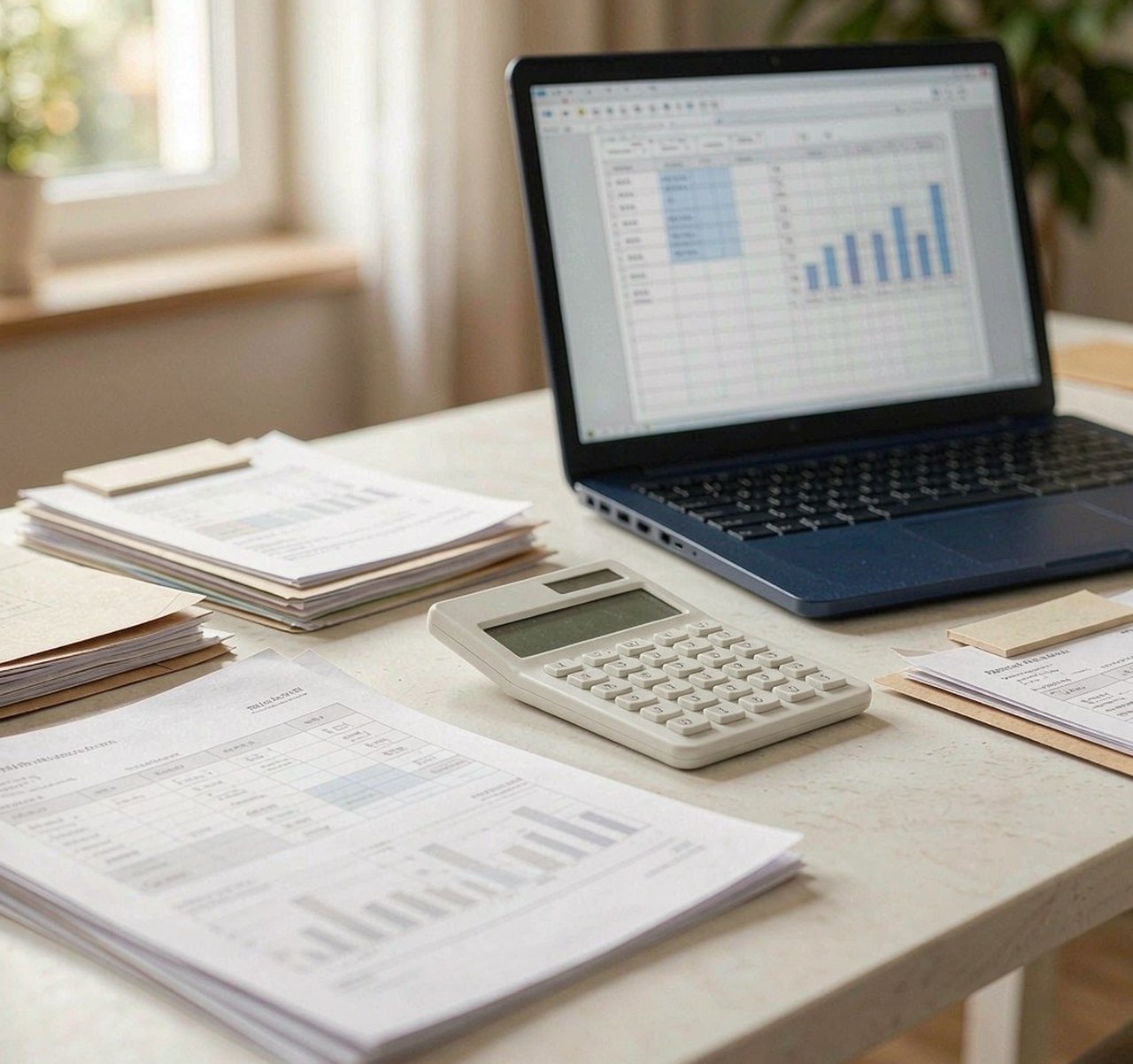 Monthly statement, calculator and accounts laptop on a desk